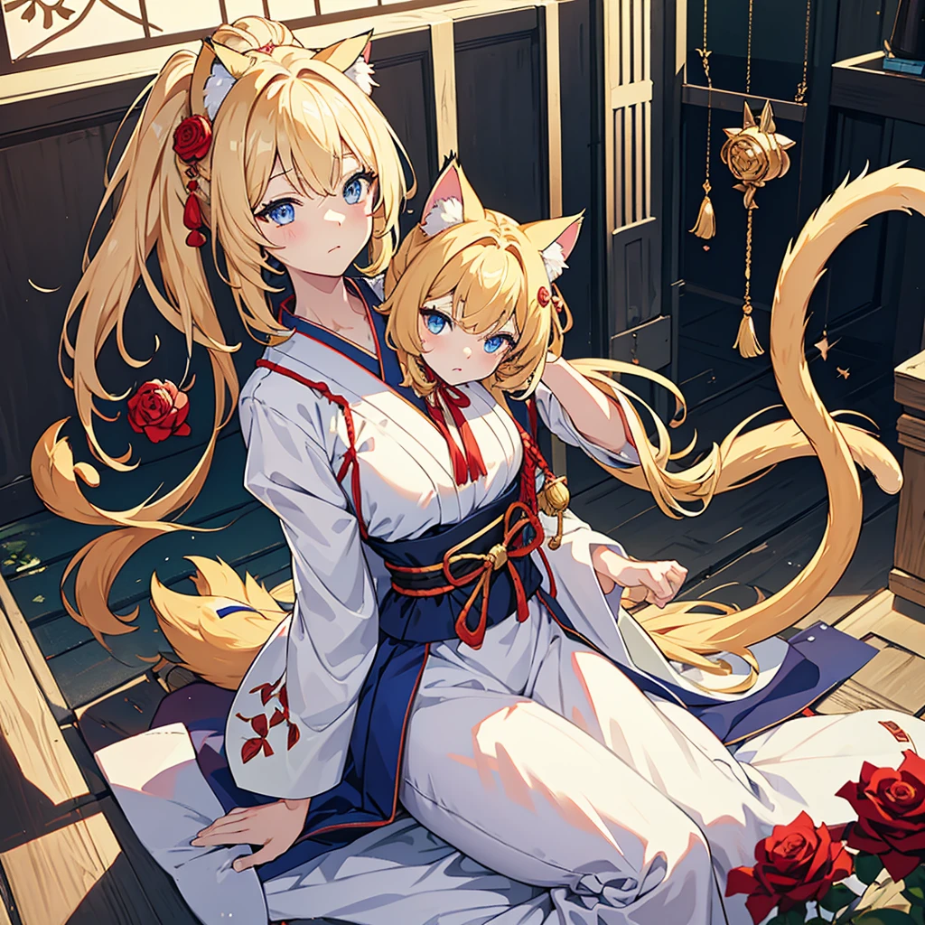 blonde hair, odd red and blue eyes, young, big breasts, hair ornament, animal ear hair, cat ears, (only one cat tail: 1.4), super fluffy, drilled twin tail hair, blushing, surprised facial expression, (wears a Japanese-style dress. wears a rose hair ornament on the side of the head), simple white background, (top camera: 1.2), (complex: 0.7), (high detail: 1.3), (Unreal Engine) :1.3), (Sharp Focus, Masterpiece, Top Quality, 4K, 2K, Shaded, Absurd Resolution), [Suspicious Content]