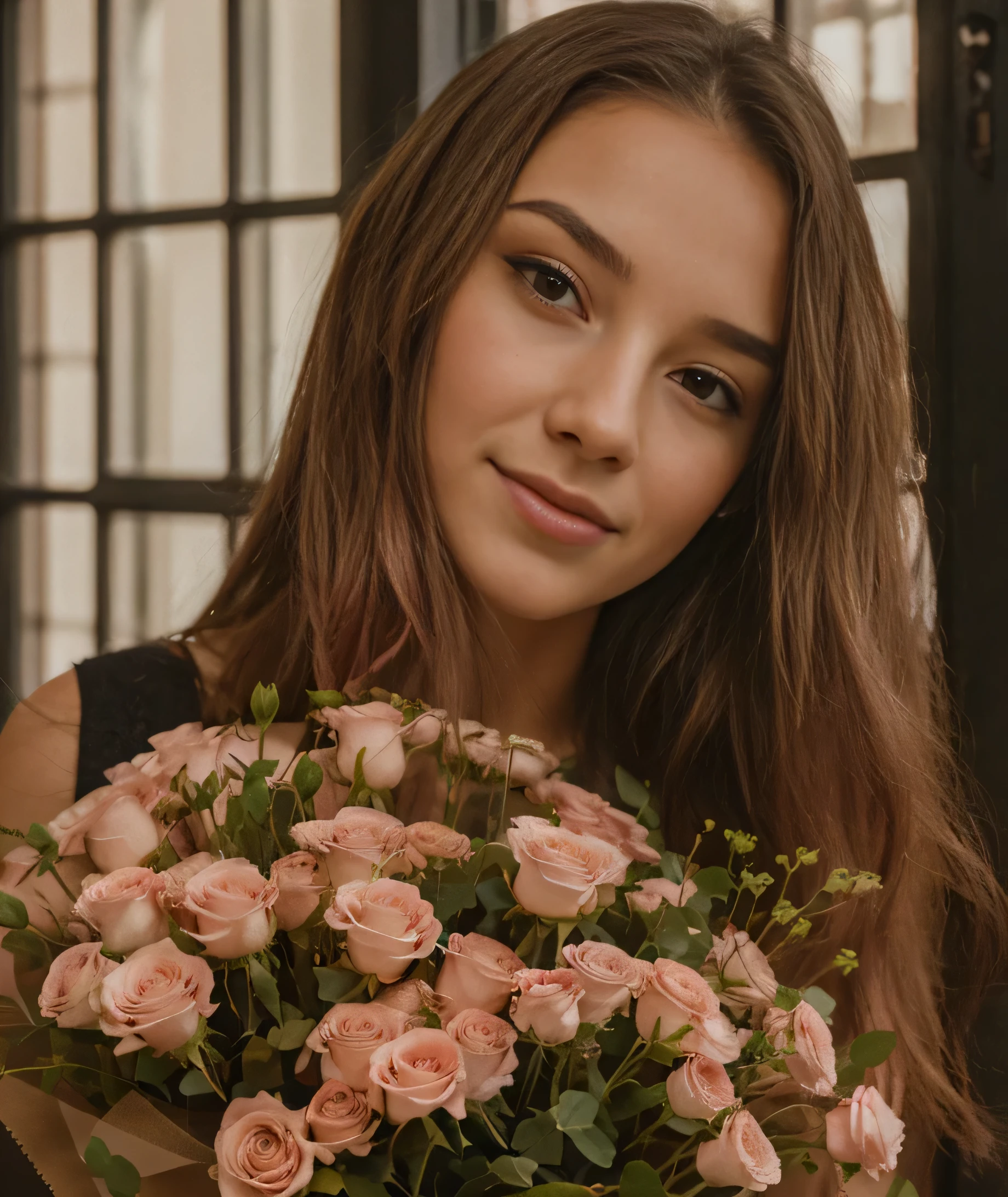 Girl with a bouquet of pink roses