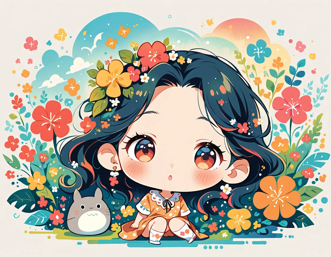 Mai Yoneyama Style、The most beautiful girl of all time、Lips in Love、Colorful flowers、Simple line initials、Abstract art、Hawaii Background, (((chibi))), Totoro Forest