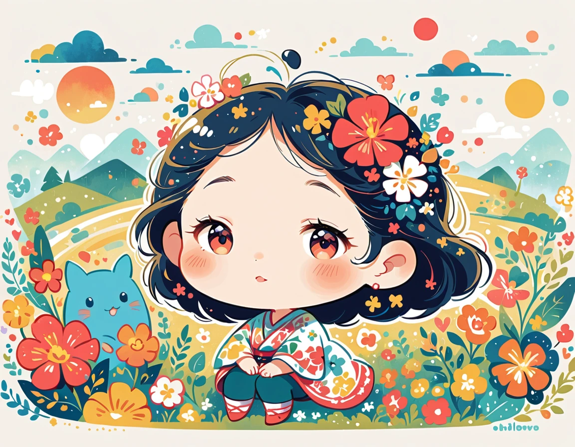 Mai Yoneyama Style、The most beautiful girl of all time、Lips in Love、Colorful flowers、Simple line initials、Abstract art、Hawaii Background, (((chibi))), Totoro Forest