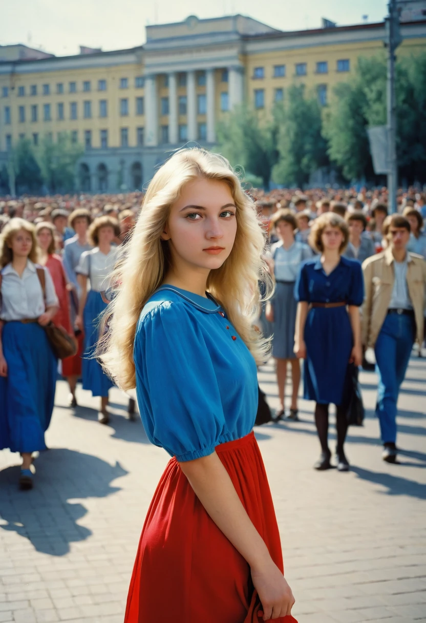 Photo of a beautiful girl 20 years old, university student in the USSR, 1980s, blonde. long, Closed, Blue dress. Photo taken in the city, From afar, to the streets, against the background of the crowd. There is a red hairpin in the girl&#39;s hair. The girl does not look into the frame. Full length girl.