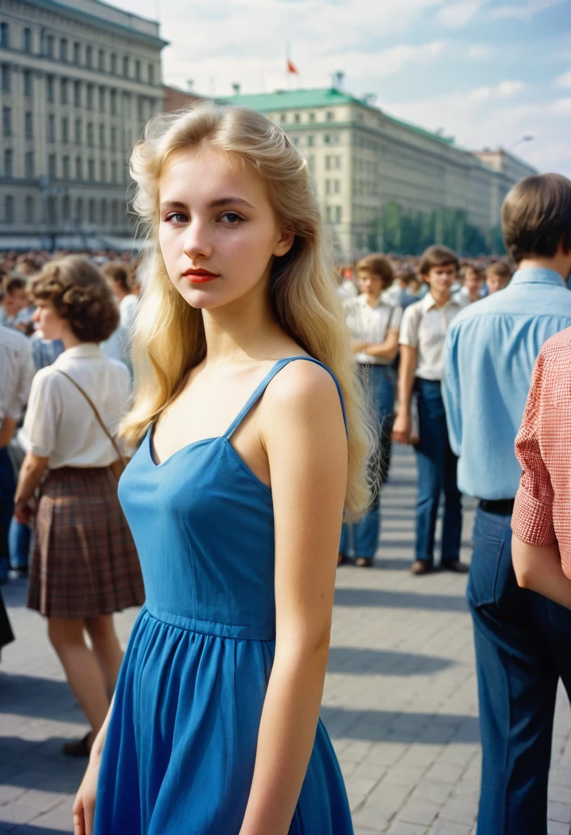 Photo of a beautiful girl 20 years old, university student in the USSR, 1980s, blonde. long, Closed, Blue dress. Photo taken in the city, From afar, to the streets, against the background of the crowd. There is a red hairpin in the girl's hair. The girl does not look into the frame. Full length girl.