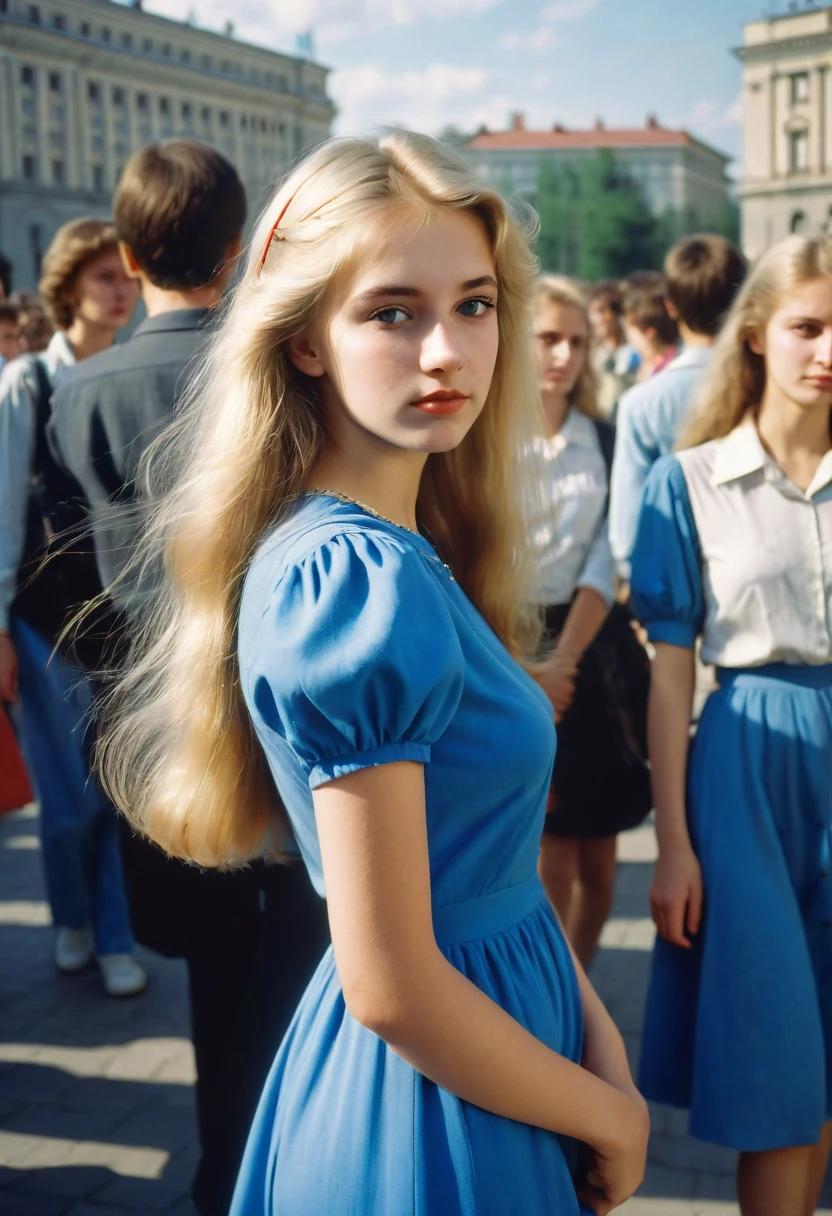 Photo of a beautiful girl 20 years old, university student in the USSR, 1980s, blonde. long, Closed, Blue dress. Photo taken in the city, From afar, to the streets, against the background of the crowd. There is a red hairpin in the girl's hair. The girl does not look into the frame. Full length girl.