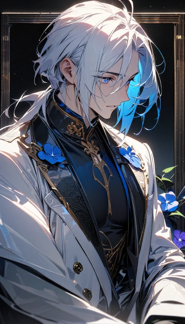 (masterpiece:1.5),best quality,(1 Handsome man),alone,white medium length hair,(blue eyes), (soft expression),perfect face,Fantasy Chinese style,Long black trench coat,white and blue cloth,Complex clothing design with Chinese elements,Black leather gloves,white lining,White suit pants,Slightly muscular body,High,8K,Beautiful contrast of light and shadow,purple flower,Dark luxury background,((chess)),(complete upper body),Positive face,Nemophila,luxury screen,blue flowers