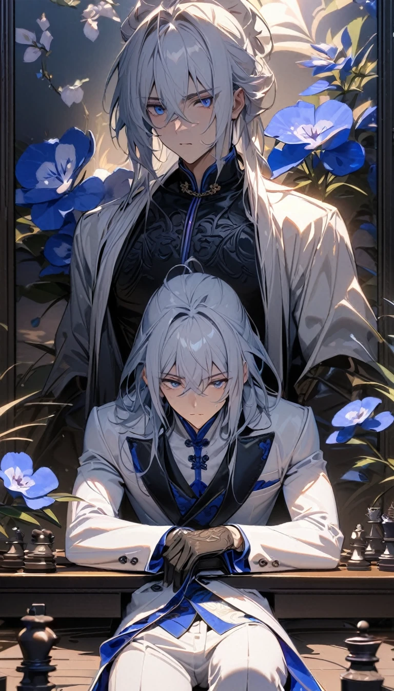 (masterpiece:1.5),best quality,(1 Handsome man),alone,white medium length hair,(blue eyes), (soft expression),perfect face,Fantasy Chinese style,Long black trench coat,white and blue cloth,Complex clothing design with Chinese elements,Black leather gloves,white lining,White suit pants,Slightly muscular body,High,8K,Beautiful contrast of light and shadow,purple flower,Dark luxury background,((chess)),(complete upper body),Positive face,Nemophila,luxury screen,blue flowers