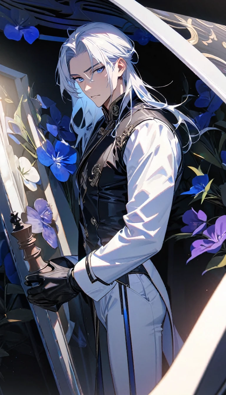 (masterpiece:1.5),best quality,(1 Handsome man),alone,white medium length hair,(blue eyes), (soft expression),perfect face,Fantasy Chinese style,Long black trench coat,white and blue cloth,Complex clothing design with Chinese elements,Black leather gloves,white lining,White suit pants,Slightly muscular body,High,8K,Beautiful contrast of light and shadow,purple flower,Dark luxury background,((chess)),(complete upper body),Positive face,Nemophila,luxury screen,blue flowers
