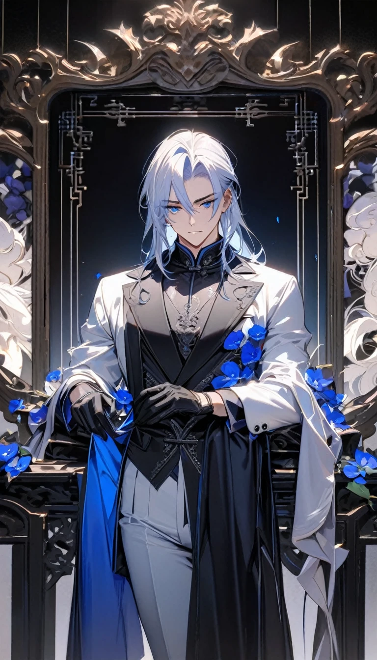 (masterpiece:1.5),best quality,(1 Handsome man),alone,white medium length hair,(blue eyes), (soft expression),perfect face,Fantasy Chinese style,Long black trench coat,white and blue cloth,Complex clothing design with Chinese elements,Black leather gloves,white lining,White suit pants,Slightly muscular body,High,8K,Beautiful contrast of light and shadow,purple flower,Dark luxury background,((chess)),(complete upper body),Positive face,Nemophila,luxury screen,blue flowers