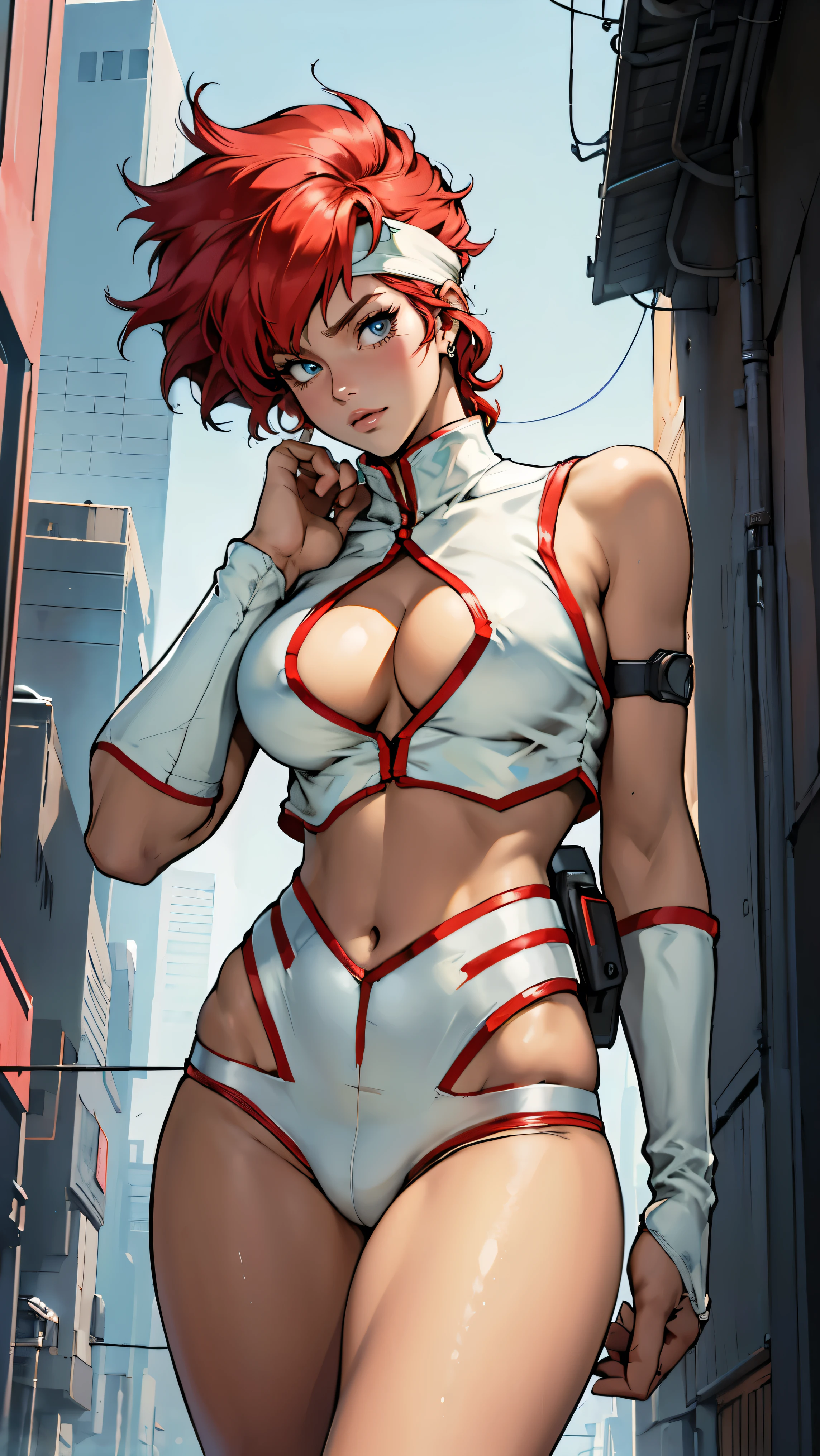 ((Masterpiece, highest quality; 1.3)), super quality, beautiful detail, super detailed, extra fine, 16K, exquisite, absurd, high resolution, beautiful background, detailed background, beautiful eyes, beautiful skin, anime style, Kay from Dirty Pair in a white outfit, tight outfit, cleavage, bushy redhead beauty, very light blue uniform, wearing tight clothes, skimpy, (mid chest: 1.2), cleavage, cleavage, slim waist , thin waist, slim thighs, thin legs, slim legs. thigh gap, showing stomach, skinny, thin hips, cyberpunk city background, retro space gun holding, headband, 