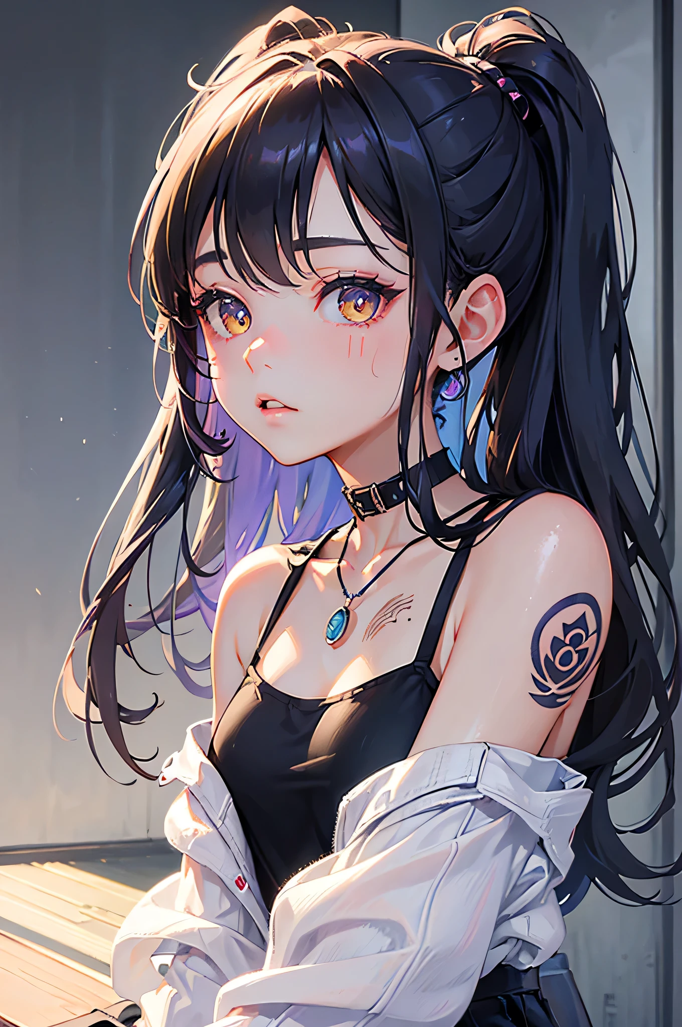 This image is、A very attractive and detailed portrait of a woman.。Below is the detailed prompt for the image。

--- In the center of this image、A young woman is depicted。Her appearance is very impressive、What really catches your eye are her bright yellow eyes.。The eyes emit a strong light、It gives her a mysterious and sharp look.。The contours of her face are soft、Skin is smooth and has a healthy glow。

Her hair is black、Place々Has purple highlights。Long hair、It flows naturally like waves.。Some of her hair hangs down the side of her face.、Overall, the casual style is emphasized。Her attire is casual and、She is wearing a purple tank top and a mini skirt.。This outfit reflects her stylish and contemporary taste.。

She has a tattoo on her arm、There is a large design on the left arm.。The tattoo is carefully drawn in detail.、Emphasizes her personality。Also、There is a small tattoo on his right arm.。She has a black choker around her neck.、The pendant hangs。This accessory adds an edgy element to her overall look.。

She is sitting with her head slightly tilted forward.、The gaze is fixed straight ahead。Although his facial expression is calm,、Gives a confident impression。The background around her is simple.、Designed so that the focus is entirely on her。The background is a light grey color.、It brings out her vibrant colors。

Overall、This image is very detailed.、Character personality and style are emphasized。Her unique fashion sense and tattoos、It brings out her strong personality and modern appeal.。It is a work that perfectly combines modern and artistic elements that users love.。
