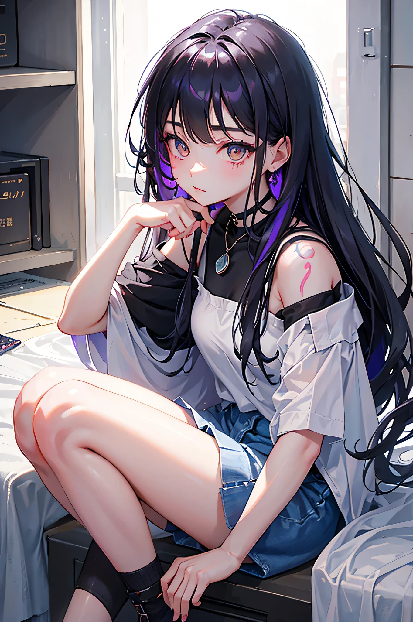 This image is、A very attractive and detailed portrait of a woman.。Below is the detailed prompt for the image。
--- In the center of this image、A young woman is depicted。Her appearance is very impressive、What really catches your eye are her bright yellow eyes.。The eyes emit a strong light、It gives her a mysterious and sharp look.。The contours of her face are soft、Skin is smooth and has a healthy glow。
Her hair is black、Place々Has purple highlights。Long hair、It flows naturally like waves.。Some of her hair hangs down the side of her face.、Overall, the casual style is emphasized。Her attire is casual and、She is wearing a purple tank top and a mini skirt.。This outfit reflects her stylish and contemporary taste.。
She has a tattoo on her arm、There is a large design on the left arm.。The tattoo is carefully drawn in detail.、Emphasizes her personality。Also、There is a small tattoo on his right arm.。She has a black choker around her neck.、The pendant hangs。This accessory adds an edgy element to her overall look.。
She is sitting with her head slightly tilted forward.、The gaze is fixed straight ahead。Although his expression is calm,、Gives a confident impression。The background around her is simple.、Designed so that the focus is entirely on her。The background is a light grey color.、It brings out her vibrant colors。
Overall、This image is very detailed.、Character personality and style are emphasized。Her unique fashion sense and tattoos、It brings out her strong personality and modern appeal.。It is a work that perfectly combines modern and artistic elements that users love.。