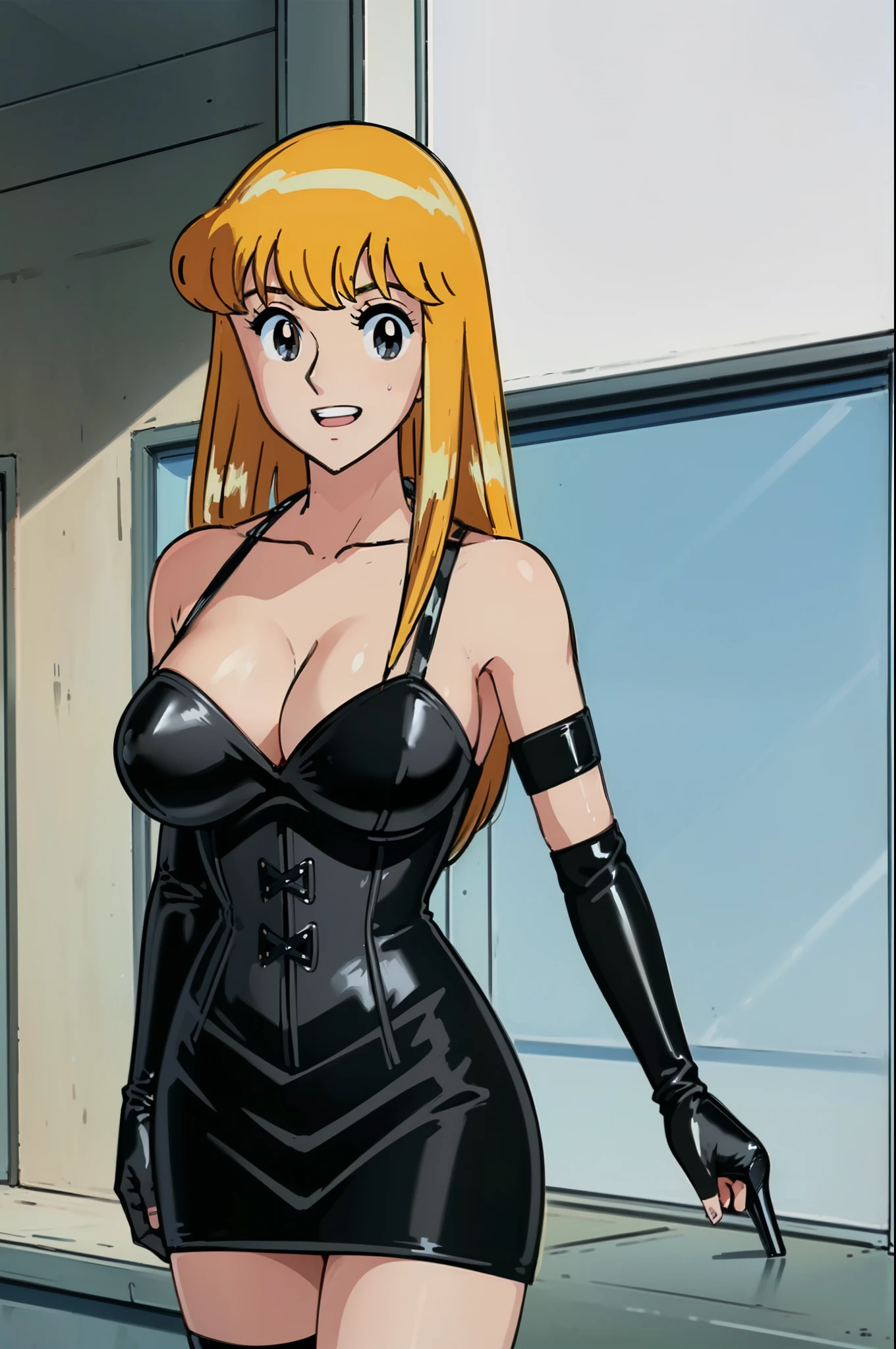 BDSM、Queen、mistress、(((One girl)))、solo、(((Black latex elbow gloves:1.4 )))、(((Black latex corset dress:1.4)))、(((The corset dress is decorated with beautiful lace.)))、(((Corset dress with shoulder straps)))、(((Black latex tight mini skirt:1.4)))、(((Black Thigh Boots)))、(((Black fishnet stockings:1.2 )))、(((Stiletto heels:1.4)))、(((Black latex panties)))、(((Black latex bra)))、(((Black leather collar)))、(((Sexy pose:1.4 )))、Wide-open legs:1.2、(((Erotic)))、(((Cowboy Shot)))、(((Sexy pose)))、Spread your legs、(((erotic)))、(((Cowboy Shot)))、(Anime cel style, masterpiece, highest quality, High resolution, Anime Color, Megami Magazine:1.2, Anime poster style, Anime key visual, sharp, 8k, Realistic), (Beautiful Eyes:1.5), Reiko_iwife, One girl, Blonde, Long Hair, (Beautiful Nudes), bikini, Cleavage, Fashion model style、8 heads、Slim figure、Are thin、(Upper Body, Sitting), (Perfectly detailed anatomy, Perfect Arms, Perfect Fingers, Beautiful Face, Perfect body), hot spring, Sweaty、Wicked Smile、Grin、blush:1.4