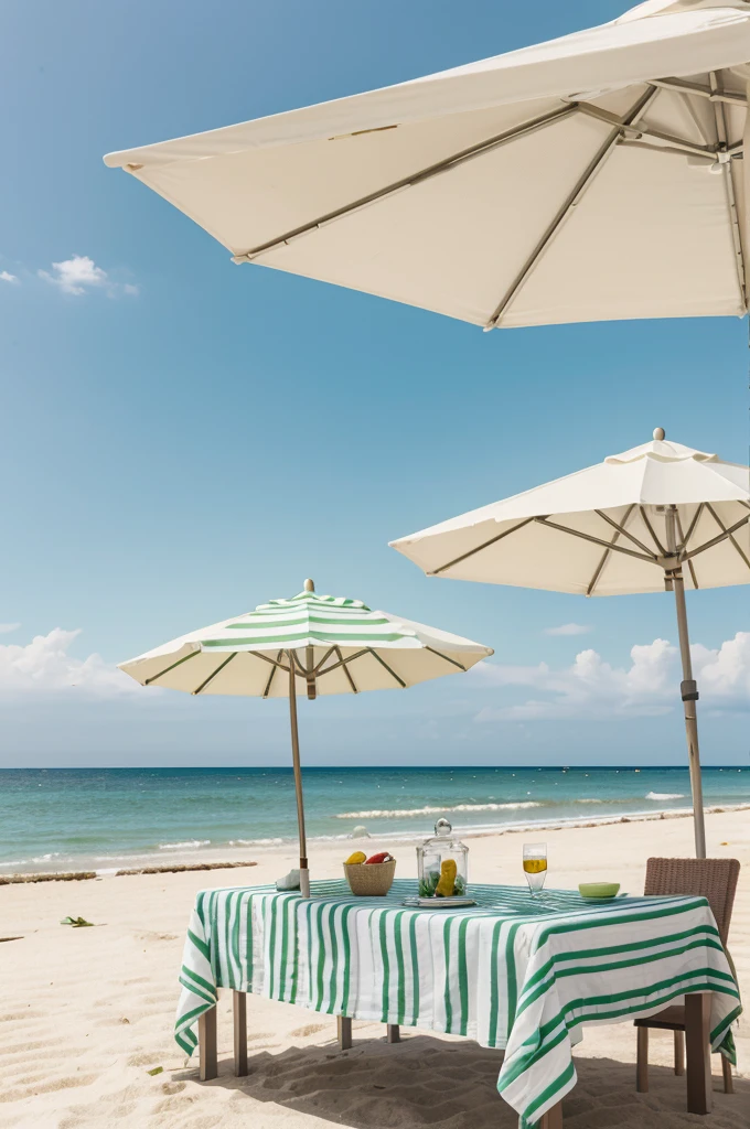 table cover with a green and white striped towel and a striped green and white sun umbrella in a beach