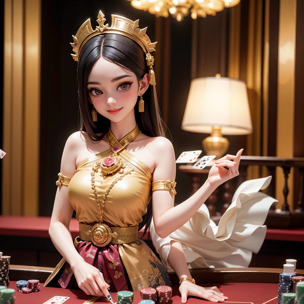 one girl, luxurious casino, elegant, opulent, card table, rich people, people playing cards in background, croupier, customer service, wearing thailand traditional dress, poker table, happy pretty smile, flirting you, loooking at you, in the middle thinking of you, fantasy