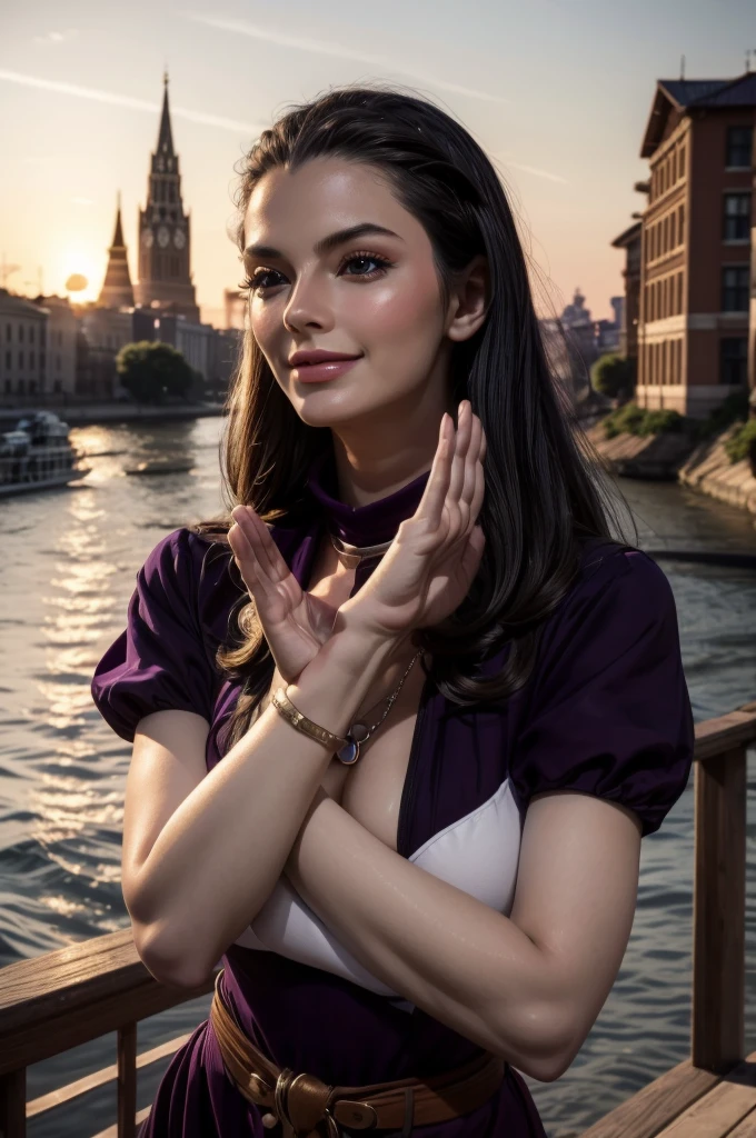 masterpiece, best quality, extremely detailed, hyperrealistic:1.1, photorealistic, a beautiful 20s russian model, ultra detailed face:1.1, sunglasses on head:1.1, purple mock neck t-shirt:1.1, black hair, x-arms:1.3, eye closed:1.3, city, river, in the sunset, warm smile