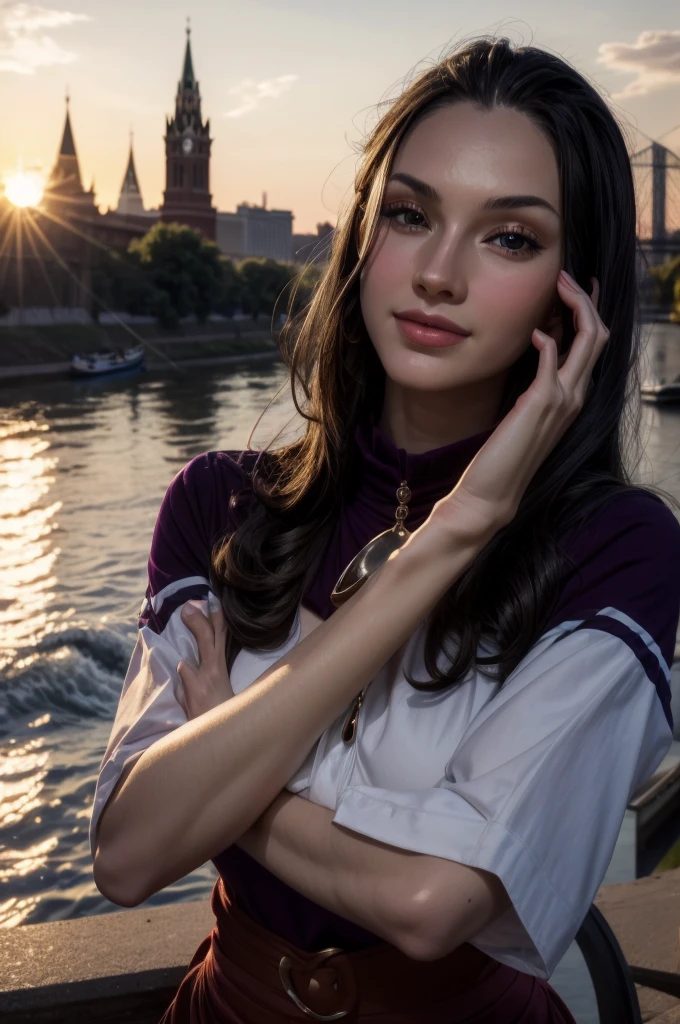 masterpiece, best quality, extremely detailed, hyperrealistic:1.1, photorealistic, a beautiful 20s russian model, ultra detailed face:1.1, sunglasses on head:1.1, purple mock neck t-shirt:1.1, black hair, x-arms:1.3, eye closed:1.3, city, river, in the sunset, warm smile
