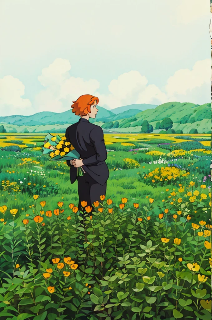A man with orange hair wearing black clothes poses for a photo while standing in a green meadow, Holding a bouquet of yellow flowers in his hand,Beautiful Latin face, Ghibli style, ((masterpiece)),((best quality)),(detailed),illustration,8K,rich and colorful, High contrast
