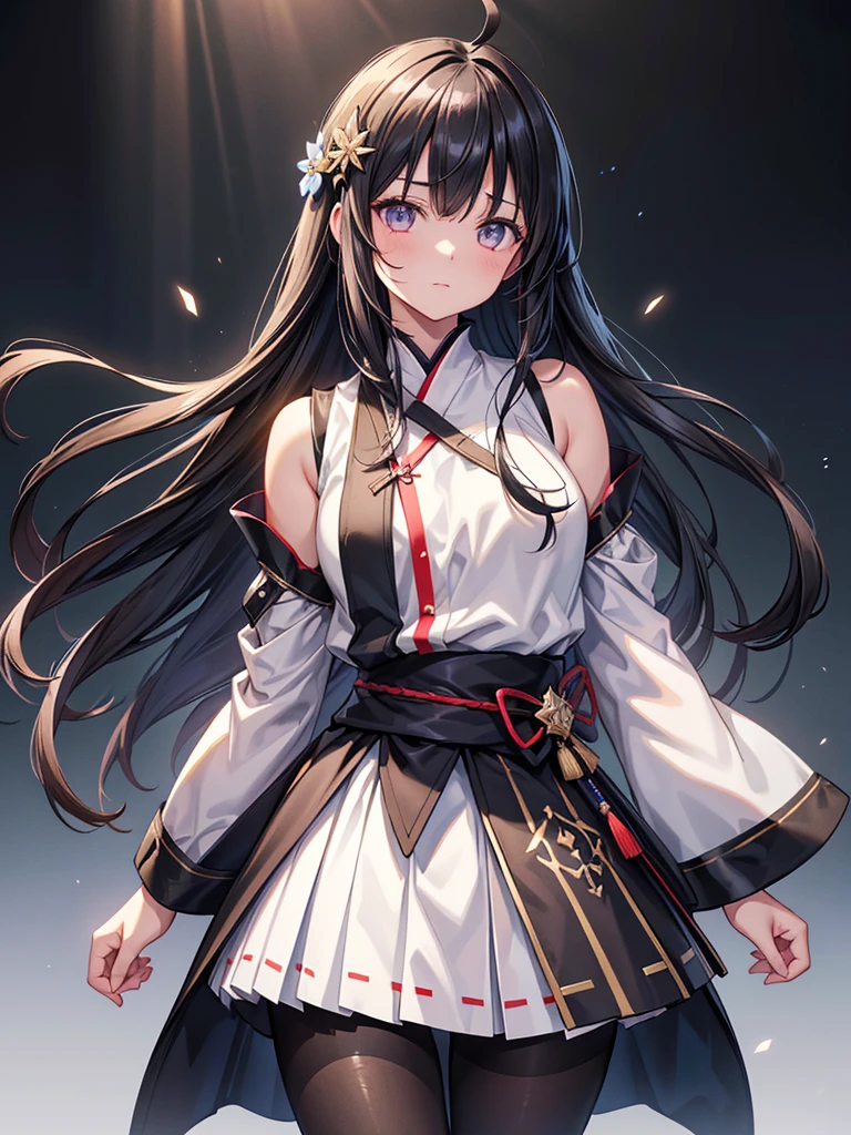 One girl, Matsumoto, black hair, ahoge, long hair, hair ornament, white shirt, sleeveless, wide sleeve, miniskirt, (novel: 1.5), black pantyhose, Japanese armor, (dark light: dark light: 1.2), (Ultra-extreme diet), (Masterpiece), (Ultra-extreme), (Realistic), Game CG, Illustration, Novel i illustration, beautiful lighting, light from the front,