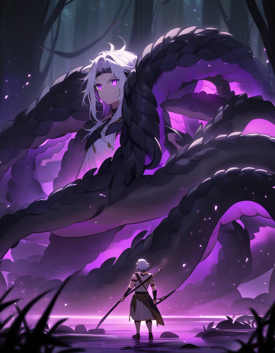 young Greek warrior with long white hair and violet eyes, facing a multi-headed hydra serpent monster in a dark swamp at night