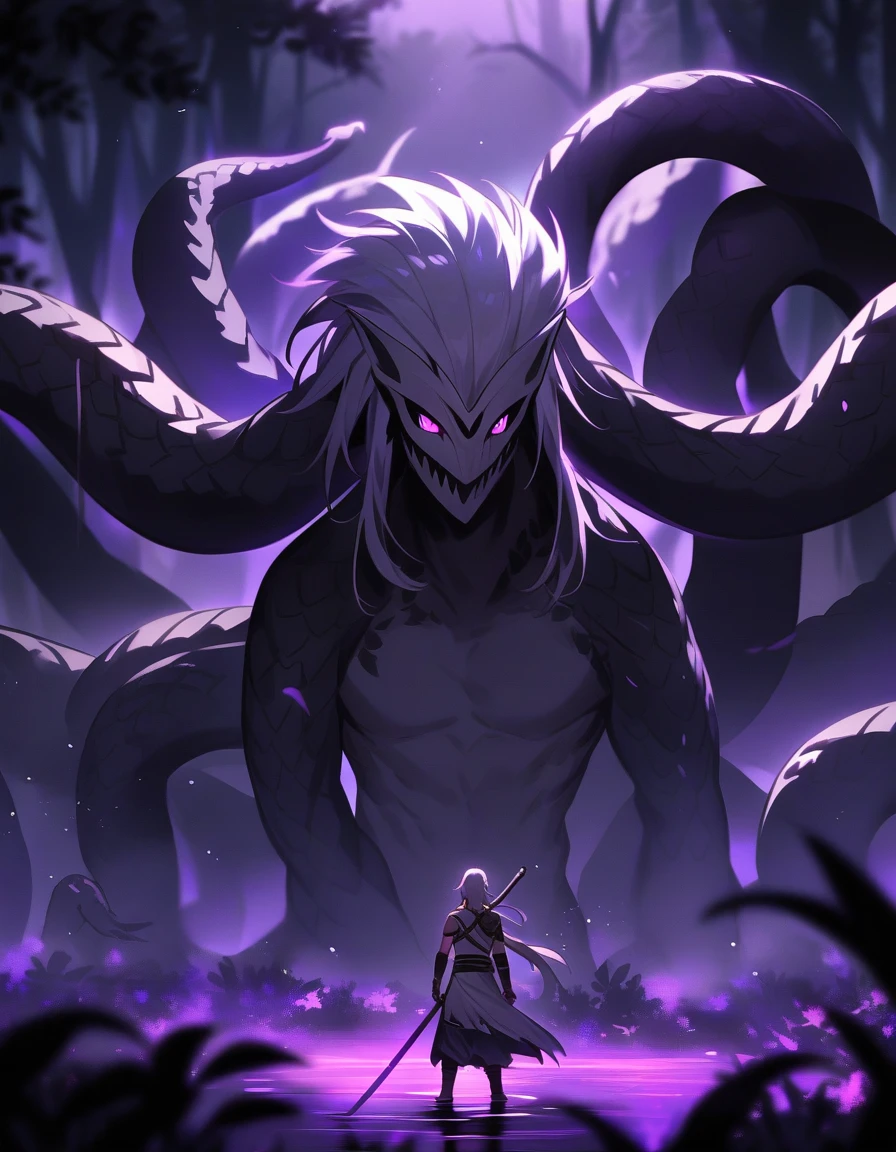 young Greek warrior with long white hair and violet eyes, facing a multi-headed hydra serpent monster in a dark swamp at night
