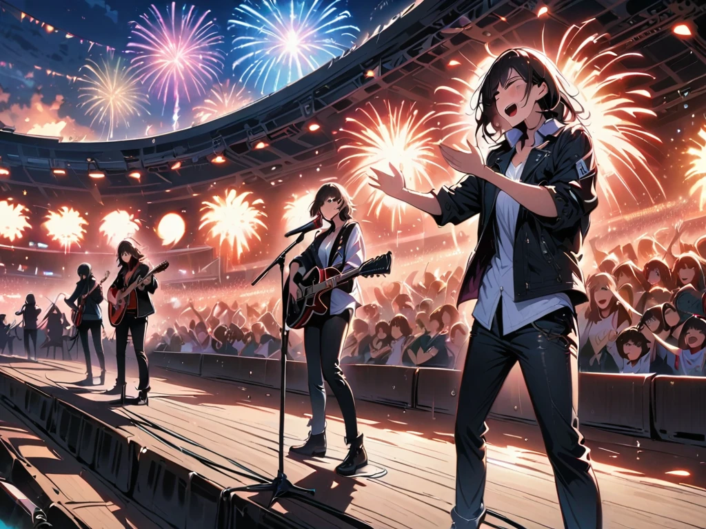 (Best quality,4K,8K,a high resolution,masterpiece:1.2),Super detailed,(valid,photovalid,photo-valid:1.37),Rockstar, Gothic rock, Female rock band "Besheniki", 3 charming goth girls on stage at once, gothic outfits (black and red colors ,Spacewalk,hysterical singing,Stage lighting,rebellious,glitch art,bright colors,energetic performance,Electric Atmosphere,Loud music,screaming fans,Huge speakers,Fiery explosion,dynamic poses,Smoke and fog effects,expressive face,rotating lights,Flash,dark background,Edgy style,wild hair,microphone stand,гитар sound distortion,Rock music,Celebrity,Electro guitar solo,huge concert stage,stand on stage,indulgent,Emotional intensity,Loud and heavy drumming,electric energy,Stage fireworks,Powerful vocal performance,The stadium is filled to capacity,thousands of enthusiastic fans,Roaring Crowd,Flash,Electric Atmosphere,sweaty and energetic performance,legendary figures,Acting,standing ovation