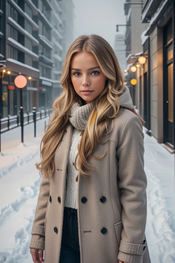 professional portrait photograph of a gorgeous Norwegian girl in winter clothing with long wavy blonde hair, sultry flirty look, gorgeous symmetrical face, cute natural makeup, wearing elegant warm winter fashion clothing, ((standing outside in snowy city street)), stunning modern urban environment, ultra realistic, concept art, elegant, highly detailed, intricate, sharp focus, depth of field, f/1. 8, 85mm, medium shot, mid shot, (((professionally color graded))), bright soft diffused light, (volumetric fog), trending on instagram, hdr 4k, 8k