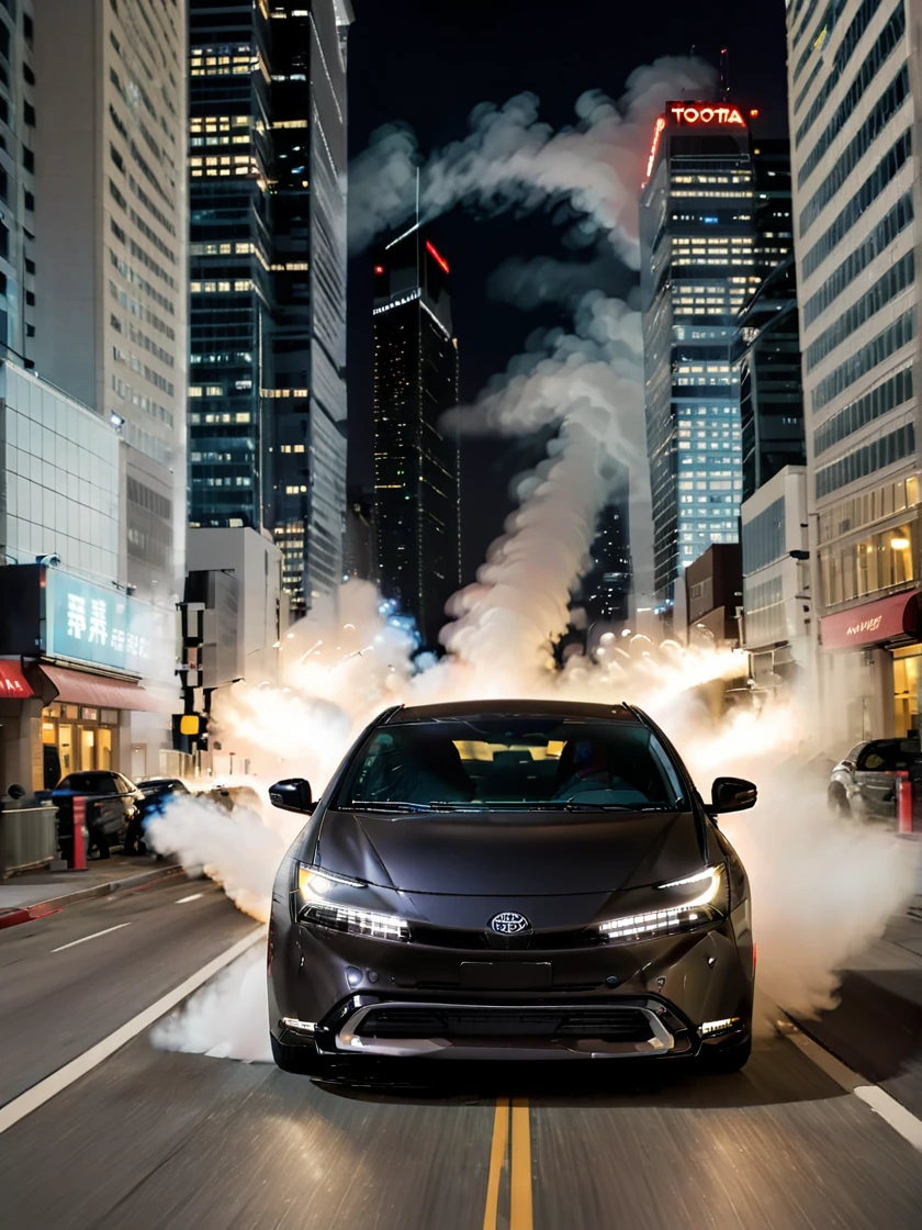 A front view of a matte black Toyota PRIUS drifting on a city street at night. The rear tires are emitting white smoke, and the driver is counter-steering. The headlights are shining brightly, and the background features skyscrapers and streetlights. The drifting motion is emphasized to clearly show the action.futuristic environment, light beams, headlight, in showroom,
