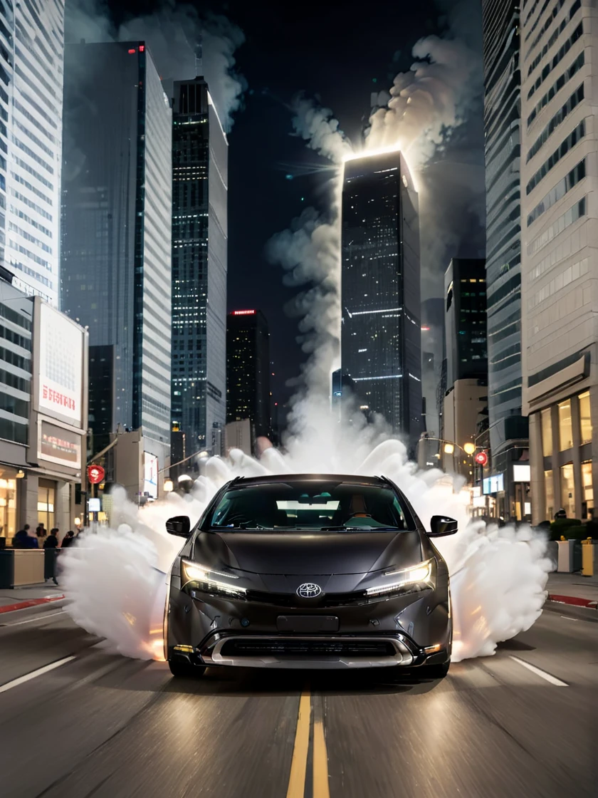 A front view of a matte black Toyota PRIUS drifting on a city street at night. The rear tires are emitting white smoke, and the driver is counter-steering. The headlights are shining brightly, and the background features skyscrapers and streetlights. The drifting motion is emphasized to clearly show the action.futuristic environment, light beams, headlight, in showroom,
