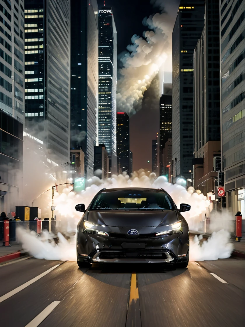 A front view of a matte black Toyota PRIUS drifting on a city street at night. The rear tires are emitting white smoke, and the driver is counter-steering. The headlights are shining brightly, and the background features skyscrapers and streetlights. The drifting motion is emphasized to clearly show the action.futuristic environment, light beams, headlight, in showroom,
