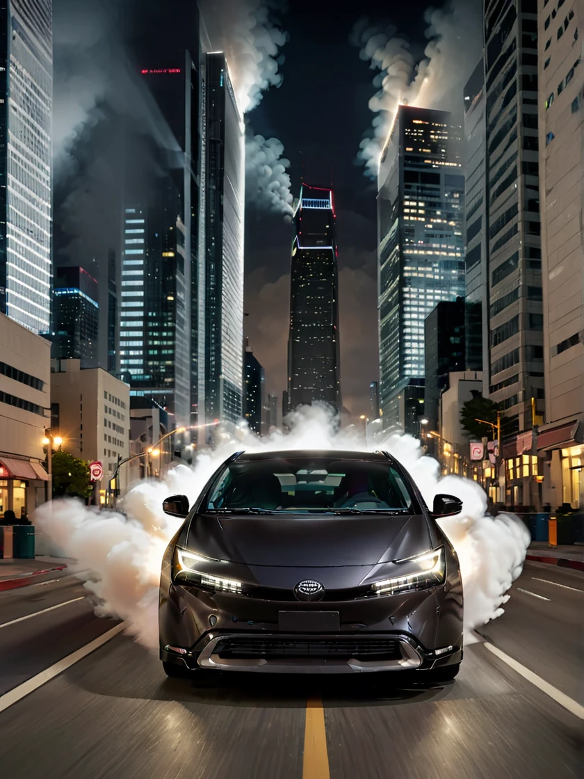 A front view of a matte black Toyota PRIUS drifting on a city street at night. The rear tires are emitting white smoke, and the driver is counter-steering. The headlights are shining brightly, and the background features skyscrapers and streetlights. The drifting motion is emphasized to clearly show the action.futuristic environment, light beams, headlight, in showroom,
