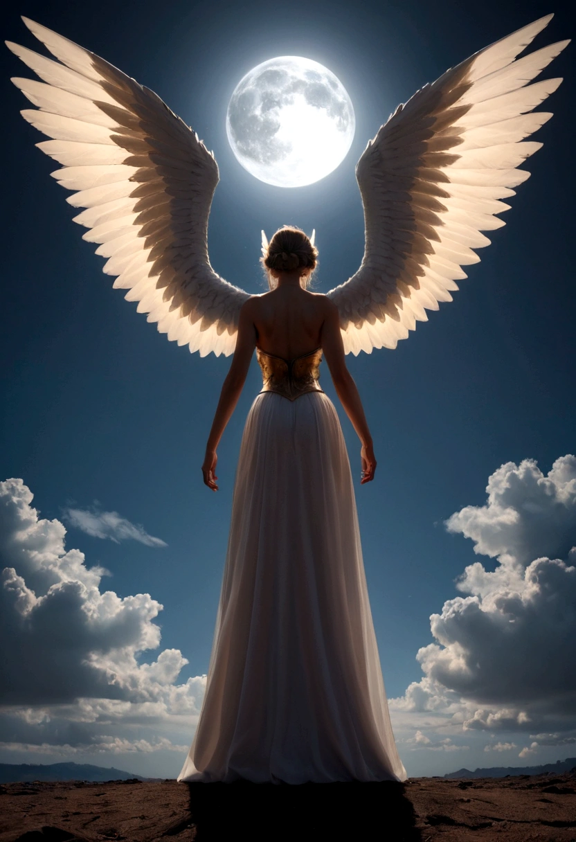 a model shot (taken from the rear: 1.5), 16K, ultra detailed, masterpiece, best quality, (extremely detailed), arafed, dnd art, portrait, full body, aasimar, female, (Masterpiece 1.3, intense details), female, paladin, holy warrior, spread large feathered wings, (wings sprouting from the back: 1.3), majestic wings, white angelic wings spread (Masterpiece, intense details: 1.5), moon light, moon, stars, clouds, holy symbol, armed with sword, short blond hair, dark fantasy cemetery background, anatomically correct (Masterpiece 1.3, intense details), angel_wings, determined face, god rays, cinematic lighting, glowing light, silhouette, from outside, photorealism, panoramic view (Masterpiece 1.3, intense details) , Wide-Angle, Ultra-Wide Angle, 16k, highres, best quality, high details, armored dress
