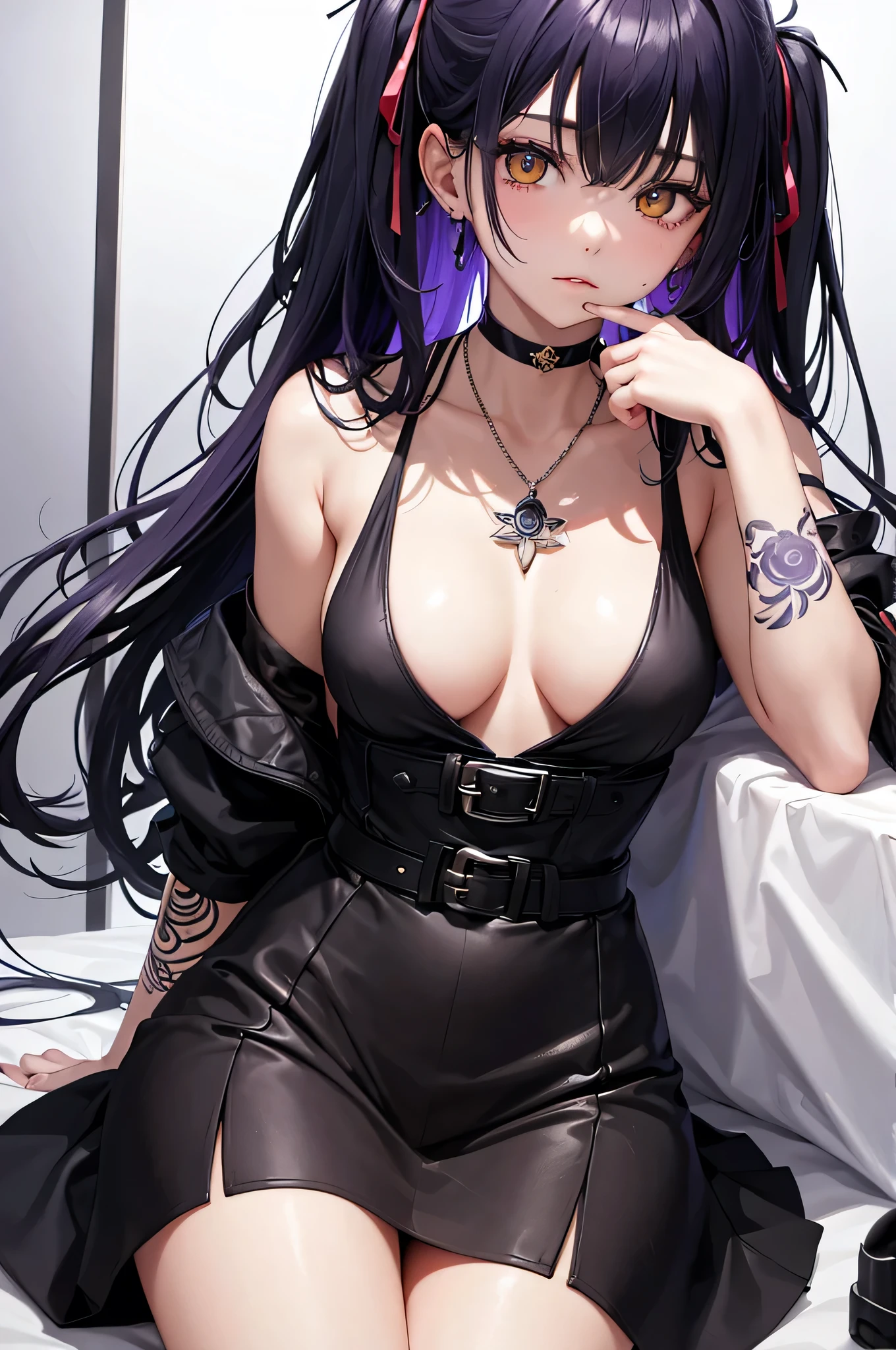 This image is、A very attractive and detailed portrait of a woman.。Below is the detailed prompt for the image。
--- In the center of this image、A young woman is depicted。Her appearance is very impressive、What really catches your eye are her bright yellow eyes.。The eyes emit a strong light、It gives her a mysterious and sharp look.。The contours of her face are soft、Skin is smooth and has a healthy glow。
Her hair is black、Place々Has purple highlights。Long hair、It flows naturally like waves.。Some of her hair hangs down the side of her face.、Overall, the casual style is emphasized。Her attire is casual and、She is wearing a purple tank top and a mini skirt.。This outfit reflects her stylish and contemporary taste.。
She has a tattoo on her arm、There is a large design on the left arm.。The tattoo is carefully drawn in detail.、Emphasizes her personality。Also、There is a small tattoo on his right arm.。She has a black choker around her neck.、The pendant hangs。This accessory adds an edgy element to her overall look.。
She is sitting with her head slightly tilted forward.、The gaze is fixed straight ahead。Although his facial expression is calm,、Gives a confident impression。The background around her is simple.、Designed so that the focus is entirely on her。The background is a light grey color.、It brings out her vibrant colors。
Overall、This image is very detailed.、Character personality and style are emphasized。Her unique fashion sense and tattoos、It brings out her strong personality and modern appeal.。It is a work that perfectly combines modern and artistic elements that users love.。