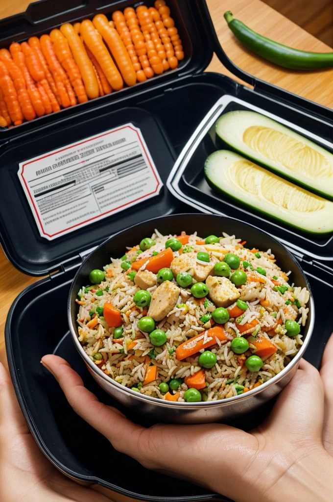 "Create an image of Schezwan fried rice in a takeout box branded with 'MCARBYS.' The fried rice should have small-sized vegetables like carrots, peas, and bell peppers, along with small pieces of chicken mixed in. The presentation should be visually appealing and showcase the vibrant colors of the vegetables and the savory chicken. The box should prominently display the 'MCARBYS' logo, giving it a professional and branded look."