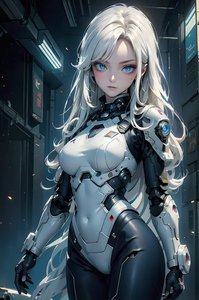 ((Cyberpunk women images))，Dynamic pose、(masterpiece:1.4, highest quality, Dutch Angle)(One girl, alone)（White hair that changes with the light、Smooth and straight hair、WHITE hair fluttering in the wind）、（beautiful, Glowing Skin、Cheek gloss highlighter、Sexy and very beautiful and adorable face、世界で最もbeautiful顔、big, Sparkling blue eyes）、（Cute 25 year old girl、Ample breasts、Narrow waist、Delicate shoulders、Perfect figure）（Overall dark、Abandoned futuristic city、End of the Century World、Traces of war、Burning building）(Futuristic combat suit、Battle Armor、Highly decorated battle suit)
