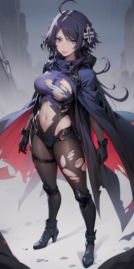 MC, ahoge, (long hari, purple hair:1.3), hair ornament, dark-blue eyes, breasts, epic art, fantasy, anatomically correct, torn_clothes, 1girl, torn_legwear, breasts, leotard, looking_at_viewer, solo, smile, hood, standing, large_breasts, covered_navel, hood_up, full_body, cloak, gloves, black_leotard, bodysuit, boots, black_footwear, pantyhose, closed_mouth, navel, glowing, high_heels, science_fiction, bodystocking, nsfw art, nsfw, hollow eyes, bright pupils, dark-blue eyes, looking at viewer. glowing eyes heavy breathing, seductive smile, lips,