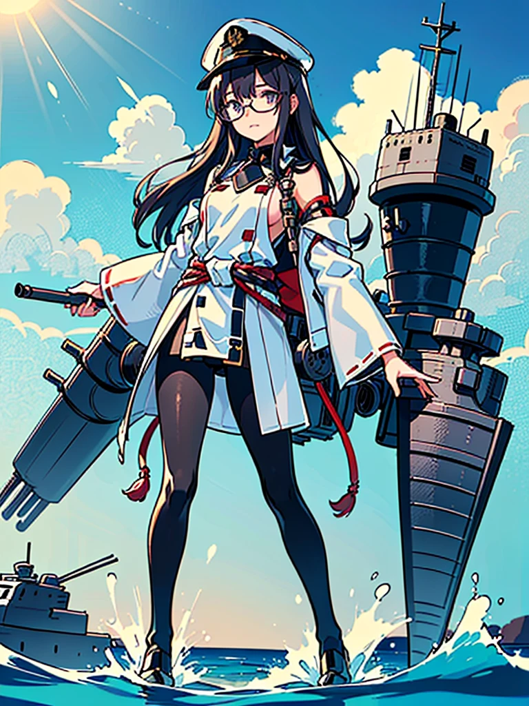 ((((Full body of a woman with perfect flat chest、Short, unkempt black hair、white military jacket、Miko costume、tights、Black glasses、White military cap、Cloudy eyes、Sleepy expression)))), (((masterpiece))), (((Shipgirl))), (Another woman hugging、Long purple hair、Messy Hair、Big Breasts、Miko costume), ((Floating on the morning sea with both feet)), (Spread your legs wide open), (Holding the baton in his right hand), (Mechanical arms extending from the waist are used to equip the ship with battleship equipment.), (Equipped with a turret on the back), (Holds the turret with his left arm), Torpedo tubes on thighs, Spreading the Machine's Wings, Machine tail, shotgun,