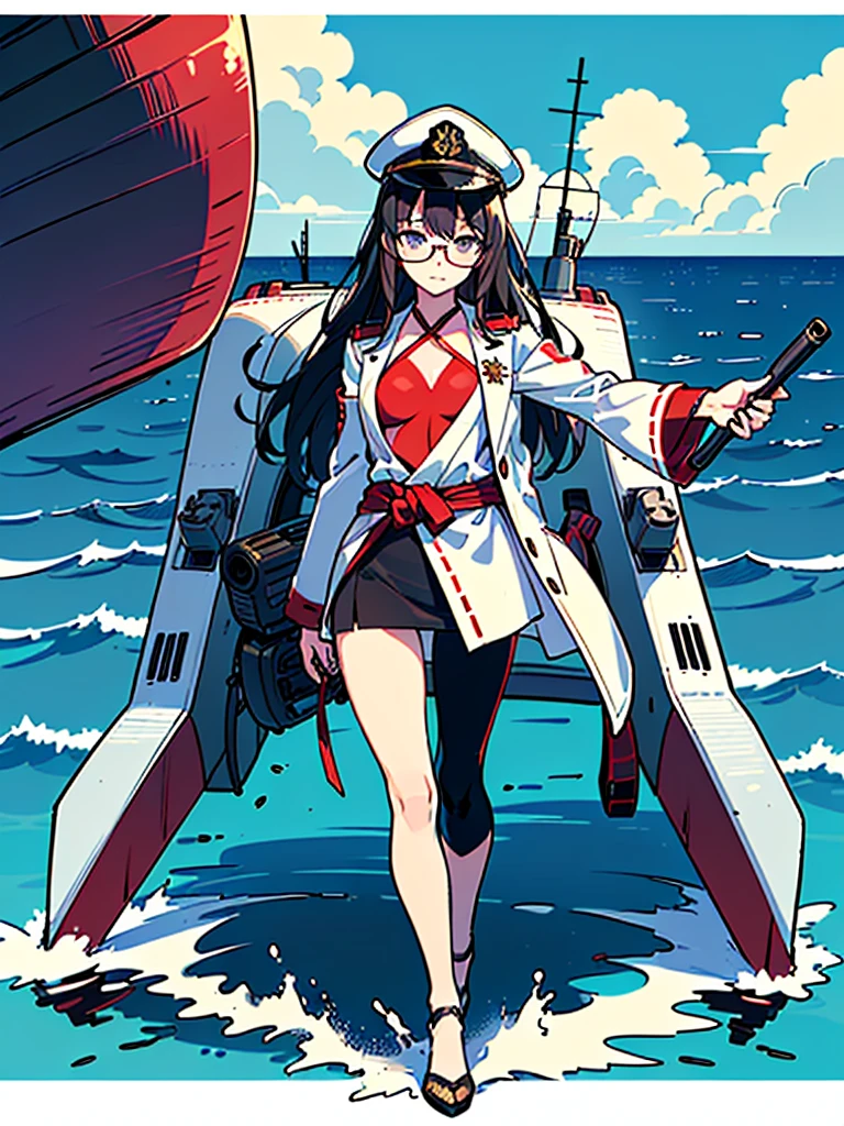 ((((Full body of a woman with perfect flat chest、Short, unkempt black hair、white military jacket、Miko costume、tights、Black glasses、White military cap、Cloudy eyes、Sleepy expression)))), (((masterpiece))), (((Shipgirl))), (Another woman hugging、Long purple hair、Messy Hair、Big Breasts、Miko costume), ((Floating on the morning sea with both feet)), (Spread your legs wide open), (Holding the baton in his right hand), (Mechanical arms extending from the waist are used to equip the ship with battleship equipment.), (Equipped with a turret on the back), (Holds the turret with his left arm), Torpedo tubes on thighs, Spreading the Machine's Wings, Machine tail, shotgun,