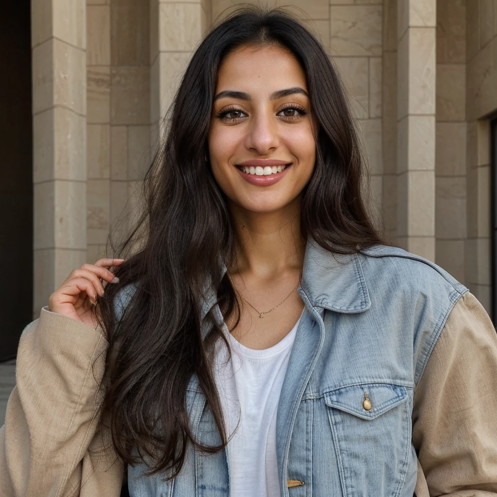 one cute women, 32YO, Arab, Jordanian, cute face, realistic light brown eyes, blue jacket, black hair, cute smile, skinny face, white realistic teethes, big eyes, long hair, no hands