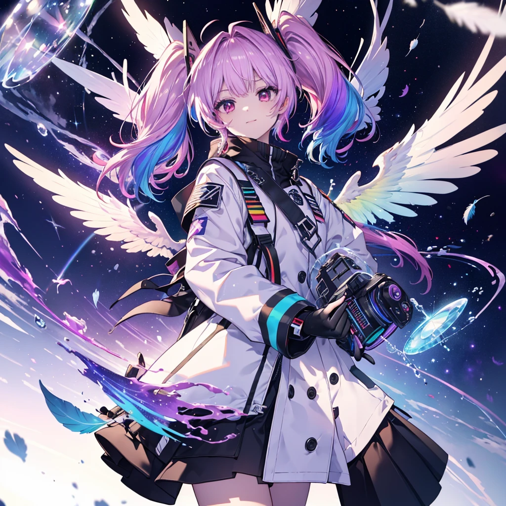 ((Archangel Fantasy Rainbow Hair Make your hair rainbow-colored on the inside Twin tails Dull red eyes Has a galaxy uniform Put on a coat without putting your arms through it Wings many times larger than mine rainbow gradient feathers Lonely Smiling Kindly front Floating in the air)) ((tears gloves)) (Broken glass Rolling Pebbles Distorted Space-Time star) Catch the wind milky way Shining Background Particles of light, rainbow colored edges star