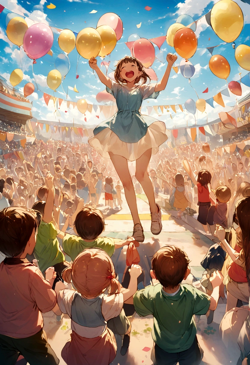 (children's day illustration), Three children wearing casual sportswear are raising their hands and cheering on the soccer field., bright and warm place, It is surrounded by flags and balloons., And the crowd cheers. Character takes up a small part of the picture.