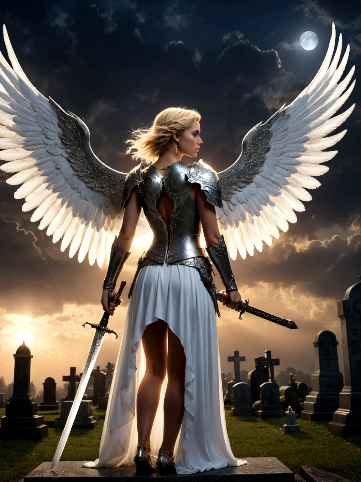 a model shot (taken from the back: 1.5), 16K, ultra detailed, masterpiece, best quality, (extremely detailed), arafed, dnd art, portrait, full body, aasimar, female, (Masterpiece 1.3, intense details), female, paladin, holy warrior, spread large feathered wings, (wings growing from the back: 1.3), majestic wings, white angelic wings spread (Masterpiece, intense details: 1.5), moon light, moon, stars, clouds, holy symbol, armed with sword, short blond hair, dark fantasy cemetery background, anatomically correct (Masterpiece 1.3, intense details), angel_wings, determined face, god rays, cinematic lighting, glowing light, silhouette, from outside, photorealism, panoramic view (Masterpiece 1.3, intense details) , Wide-Angle, Ultra-Wide Angle, 16k, highres, best quality, high details, armored dress, AngelStyle, Cinematic Hollywood Film style