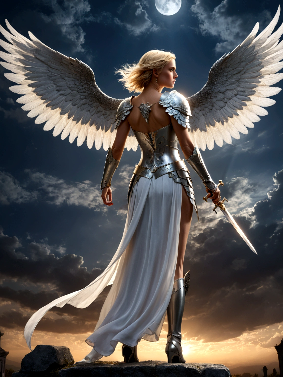 a model shot (taken from the back: 1.5), 16K, ultra detailed, masterpiece, best quality, (extremely detailed), arafed, dnd art, portrait, full body, aasimar, female, (Masterpiece 1.3, intense details), female, paladin, holy warrior, spread large feathered wings, (wings growing from the back: 1.3), majestic wings, white angelic wings spread (Masterpiece, intense details: 1.5), moon light, moon, stars, clouds, holy symbol, armed with sword, short blond hair, dark fantasy cemetery background, anatomically correct (Masterpiece 1.3, intense details), angel_wings, determined face, god rays, cinematic lighting, glowing light, silhouette, from outside, photorealism, panoramic view (Masterpiece 1.3, intense details) , Wide-Angle, Ultra-Wide Angle, 16k, highres, best quality, high details, armored dress, AngelStyle, Cinematic Hollywood Film style
