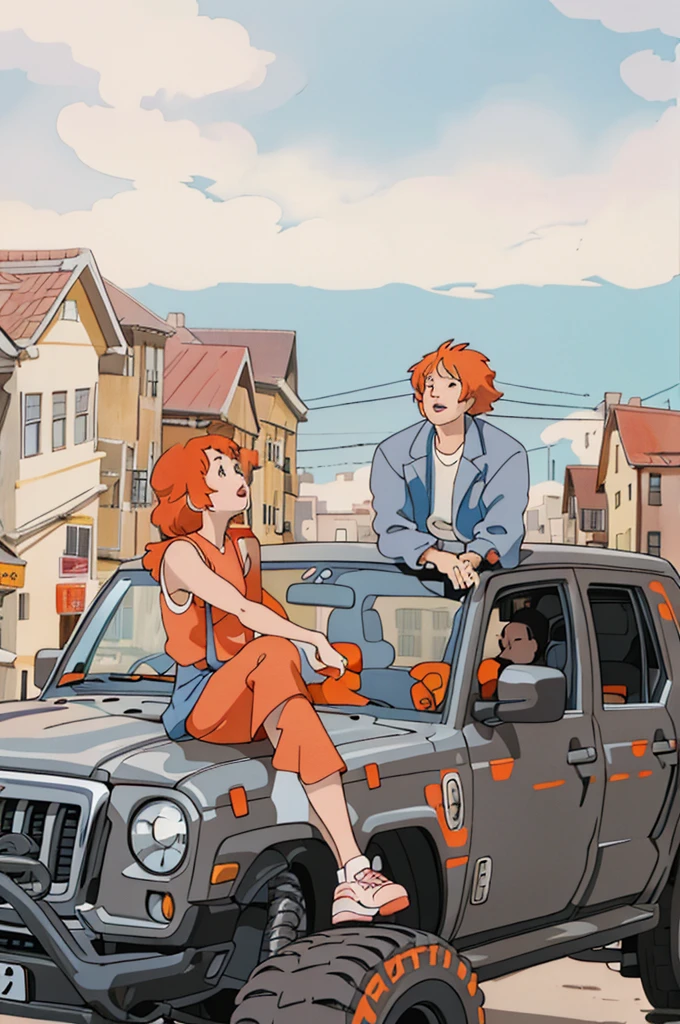 An orange-haired girl and a boy sitting in a car，Street corners in the city, Ghibli style, ((masterpiece)),((best quality)),(detailed),illustration,8K,rich and colorful, High contrast