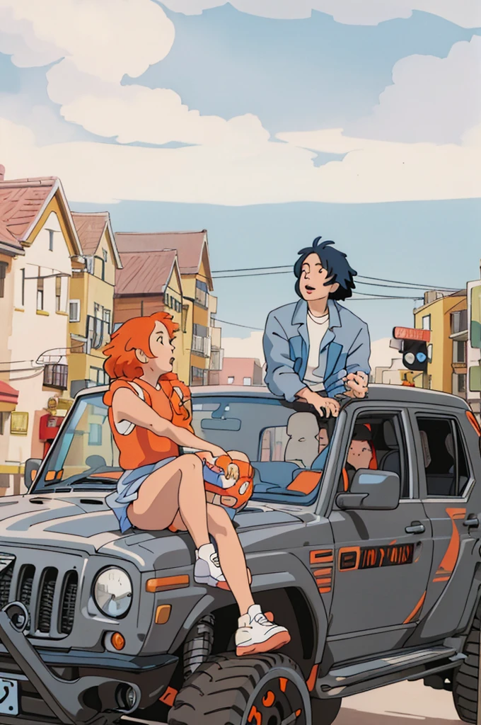 An orange-haired girl and a boy sitting in a car,Street corners in the city, Ghibli style, ((masterpiece)),((best quality)),(detailed),illustration,8K,rich and colorful, High contrast