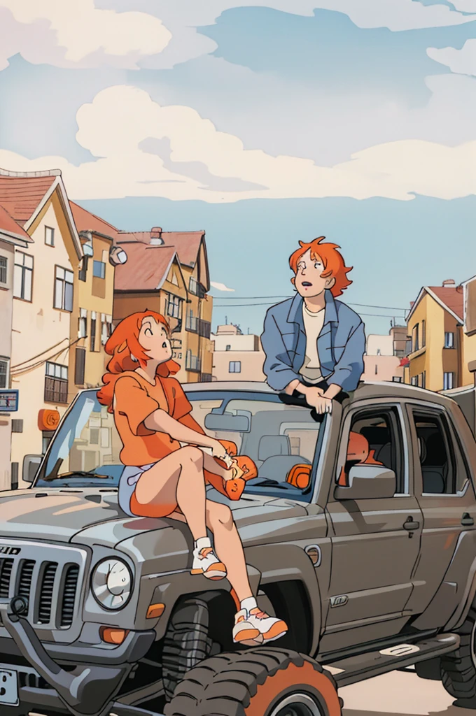 An orange-haired girl and a boy sitting in a car,Street corners in the city, Ghibli style, ((masterpiece)),((best quality)),(detailed),illustration,8K,rich and colorful, High contrast