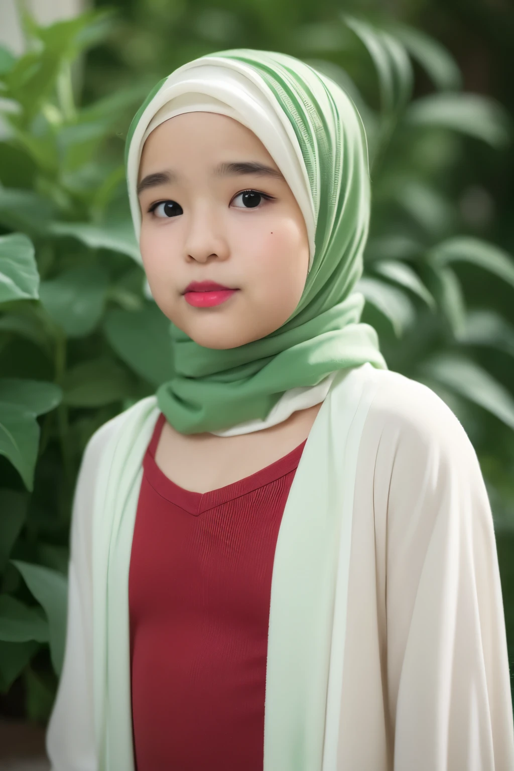 Thin (chubby cheeks), Wearing Lingerie, (((HIJAB MALAY GIRL))), masutepiece, High quality, UHD 32K, Realistic face, Realistic skin feeling , A Japanese Lady, 8 years old, , Very cute and baby-like face, (((FLAT CHEST))), (MATRIX WORLD), ((look In front  at the camera and SADNESS)), (((CUTE GIRL))), ((RED LIPS)), (undress, Green And White, (chubby cheeks), (Tiny)