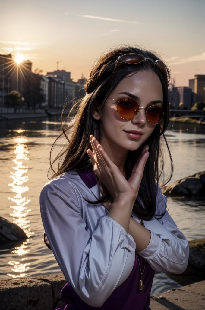 masterpiece, best quality, extremely detailed, hyperrealistic:1.1, photorealistic, a beautiful 20s russian model, ultra detailed face:1.1, sunglasses on head:1.1, purple mock neck t-shirt:1.1, black hair, x-arms:1.3, eye closed:1.3, city, river, in the sunset, warm smile
