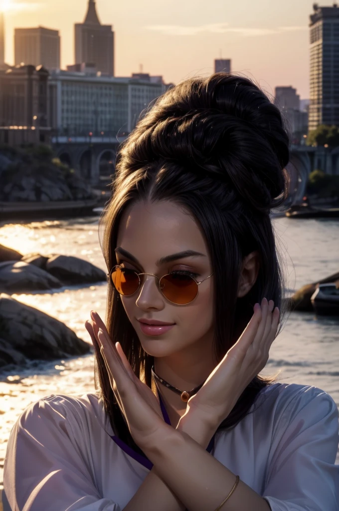 masterpiece, best quality, extremely detailed, hyperrealistic:1.1, photorealistic, a beautiful 20s russian model, ultra detailed face:1.1, sunglasses on head:1.1, purple mock neck t-shirt:1.1, black hair, x-arms:1.3, eye closed:1.3, city, river, in the sunset, warm smile
