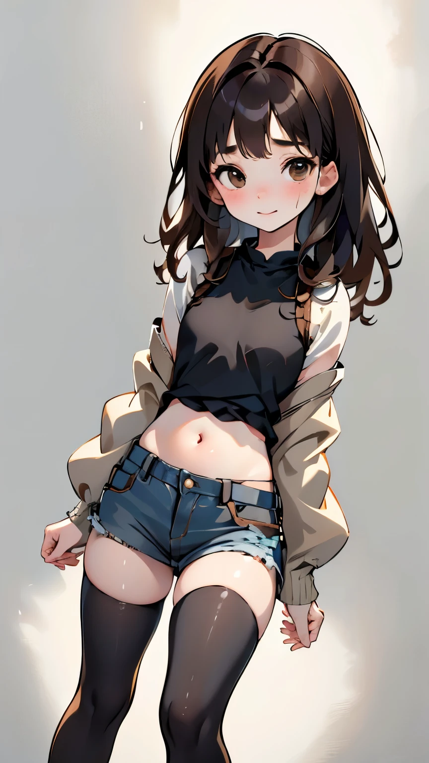 4K, masterpiece, 8k, high quality, 最high quality,10歳のcute少等生, Very white skin, Long brown hair，a bit，Low length，freckles，Thin eyebrows，Straight bangs，(Flat Chest) ，feminine, Tilt, elegant, elegant, cute, smile, cute, Hilarious, belly button, Denim Low Rise Mini Skirt, ((Black knee socks)), (Ugly clothes)、((Gray background))