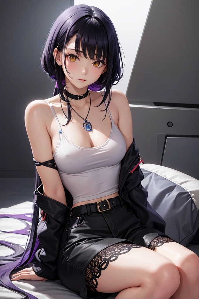 This image is、A very attractive and detailed portrait of a woman.。Below is the detailed prompt for the image。

--- In the center of this image、A young woman is depicted。Her appearance is very impressive、What really catches your eye are her bright yellow eyes.。The eyes emit a strong light、It gives her a mysterious and sharp look.。The contours of her face are soft、Skin is smooth and has a healthy glow。

Her hair is black、Place々Has purple highlights。Long hair、It flows naturally like waves.。Some of her hair hangs down the side of her face.、Overall無造作なスタイルが強調されています。Her attire is casual and、She is wearing a purple tank top and a mini skirt.。This outfit reflects her stylish and contemporary taste.。

She has a tattoo on her arm、There is a large design on the left arm.。The tattoo is carefully drawn in detail.、Emphasizes her personality。Also、There is a small tattoo on his right arm.。She has a black choker around her neck.、The pendant hangs。This accessory adds an edgy element to her overall look.。

She is sitting with her head slightly tilted forward.、The gaze is fixed straight ahead。Although his facial expression is calm,、Gives a confident impression。The background around her is simple.、Designed so that the focus is entirely on her。The background is a light grey color.、It brings out her vibrant colors。

Overall、This image is非常にディテールに富んでおり、Character personality and style are emphasized。Her unique fashion sense and tattoos、It brings out her strong personality and modern appeal.。It is a work that perfectly combines modern and artistic elements that users love.。
