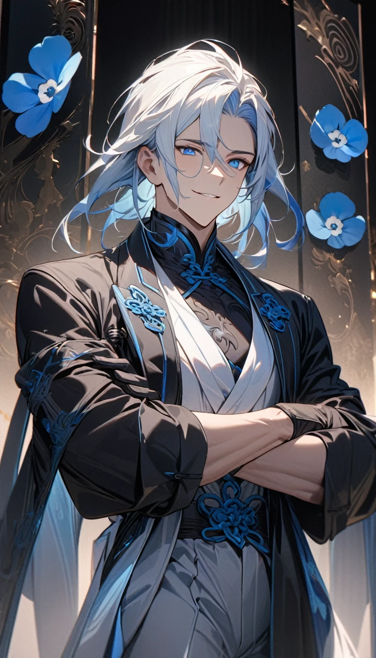 (masterpiece:1.5)，best quality，(1 Handsome man)，alone，white medium length hair，(blue eyes), (A soft and confident smile)，perfect face，Fantasy Chinese style，Long black trench coat，white and blue cloth，Complex clothing design with Chinese elements，Black leather gloves，white lining，White suit pants，Slightly muscular body，High，8K，Beautiful contrast of light and shadow，Dark luxury background，(complete upper body)，Positive face，((Nemophila))，luxury screen，blue flowers
